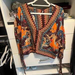 Free people Boho V-Neck Printed Crop Top in Orange and Teal
